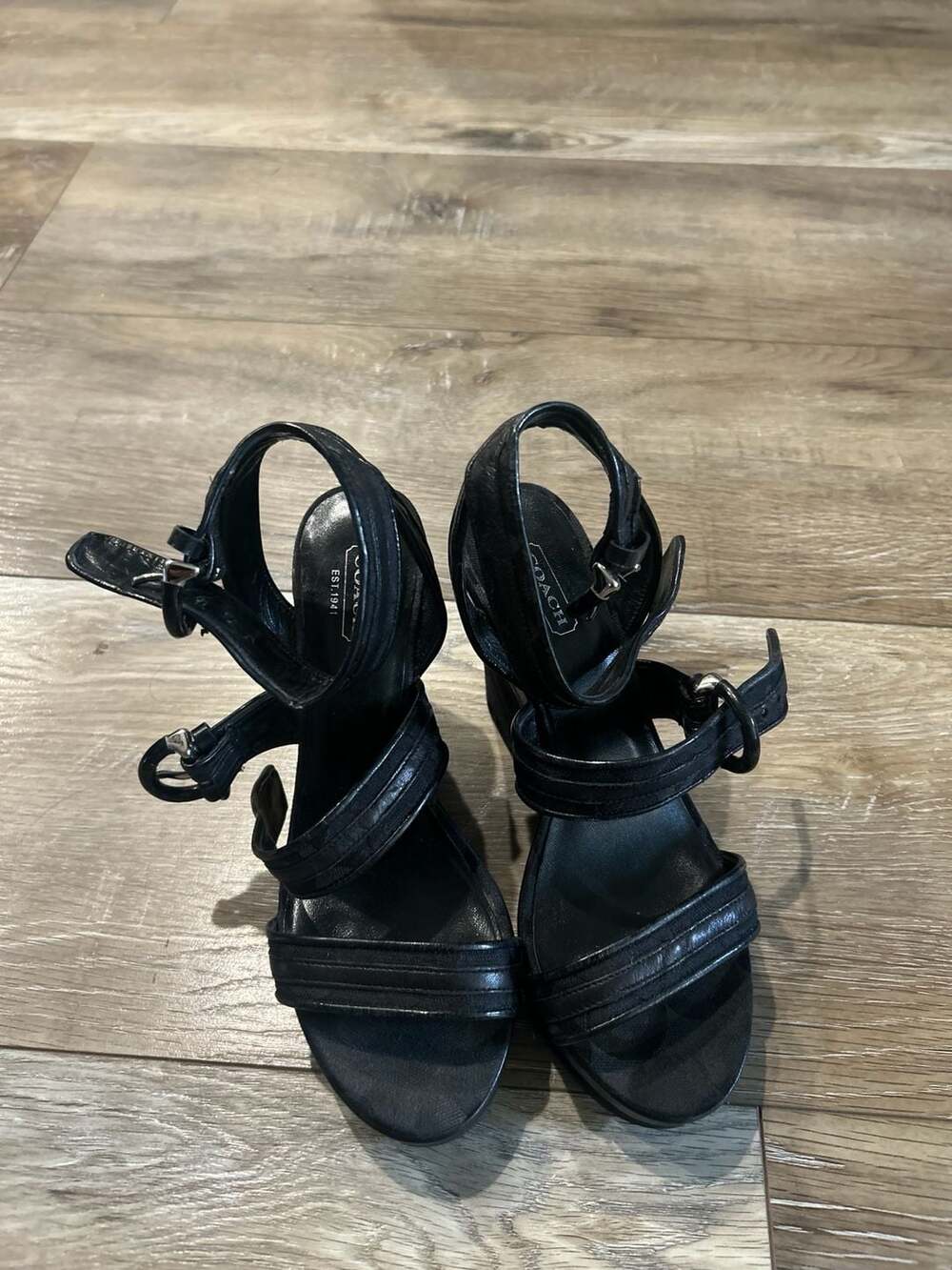 Coach Black Signature C Logo Wedge Sandals With Straps